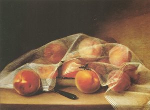 Ovocné kousky s broskvemi přikryté kapesníkem-raphaelle peale od Raphaelle Peale