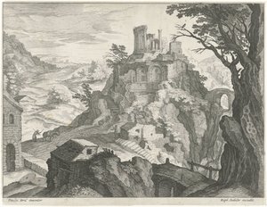 Krajina s chrámem Vesta v Tivoli od Raphaël Sadeler (I) (attributed to)