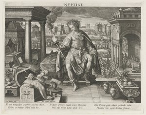 Nuptiae jako zosobnění manželství Nvptiae (název na objektu) Hlavní činnosti prince (název série) Schema, seu speculum principum (název série) od Raphaël Sadeler (I)