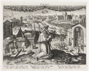 Pietas jako zosobnění zbožnosti Pietas (název na objektu) Hlavní činnosti prince (název série) Schema, seu speculum principum (název série) od Raphaël Sadeler (I)