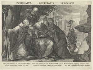 Svatá rodina se svatým Benediktem a svatou Scholastikou Zrcadlo cudnosti Pvrissimvm Castitatis Specvlvm (název na objektu) Zrcadla poslušnosti, cudnosti a chudoby (název série) od Raphaël Sadeler (II)