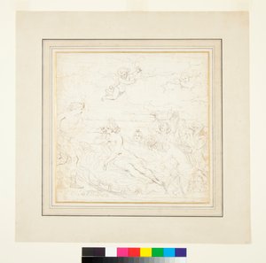 Apollo, Amfitrit a Mořská božstva přinášející obětiny (pero a hnědý inkoust na černé křídě)