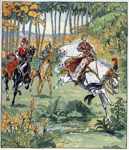 Parizade předstihne v dostihu své bratry Bahmana a Pervise. Ilustrace Raymonda de La Neziere (1865-1953) k příběhu "Histoire des deux sœurs jealous de leur cadette" v knize "Les mille et une nuits" (les 1001 nuits ou Le mille e una notte, A od Raymond de la Neziere