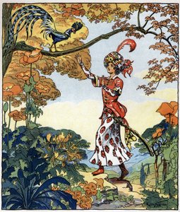 Parizade přiběhl k ptáku a položil na něj ruku: ilustrace k pohádce "Aladin aneb zázračná lampa" v "Arabských nocích".
