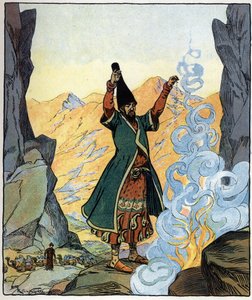 Dervišský mnich zapaluje oheň a kropí ho: ilustrace k pohádce "Aladin aneb zázračná lampa" v "Arabských nocích". od Raymond de la Neziere