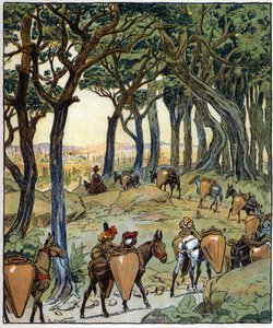 Celá karavana se vydala na cestu do města: ilustrace k pohádce "Aladin aneb zázračná lampa" v "Arabských nocích". od Raymond de la Neziere