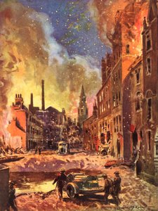 Hasiči válečné britské národní hasičské služby kontrolují velký kráter po bombě během Blitz, druhé světové války