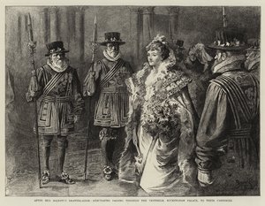 Debutantky procházející vestibulem Buckinghamského paláce ke svým kočárům (rytina). od Reginald Thomas Cleaver