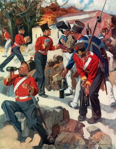 Entente Cordiale - Angličtí a francouzští vojáci si během Wellingtonova tažení na poloostrově dělí dary (barevná litografie) od Reginald Thomas Cleaver
