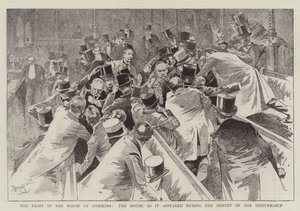 Boj v Dolní sněmovně, sněmovna v době vrcholících nepokojů (rytina) od Reginald Thomas Cleaver