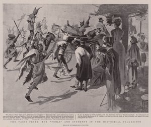 Pařížské slavnosti, "blázni" a studenti v historickém průvodu (litografie) od Reginald Thomas Cleaver
