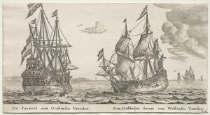 Lodě Amsterdamu: The Pearl a East Indiaman, The Double Eagle, West Indiaman. od Reinier Nooms
