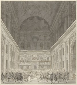 Ples v Občanské síni amsterdamské radnice na počest návštěvy prince Viléma V. a Wilhelminy Pruské, červen 1768 od Reinier Vinkeles (I)