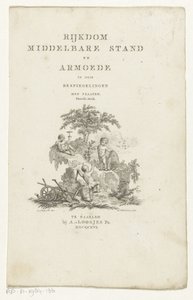 Tři putti s atributy v horské krajině Titulní strana pro: Adriaan Pietersz. Loosjes, Bohatství střední třídy a chudoba ve třech úvahách, 1816 od Reinier Vinkeles (I)