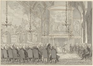 Přijetí prince Williama V. a Wilhelminy Pruské v zasedací síni radnice v Amsterdamu od Reinier Vinkeles (I)
