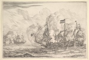 Námořní setkání se třemi plavidly napravo, z námořních bitev Nieuwe Scheeps Bat..., 1652-54. od Reinier Zeeman