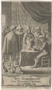 Obchodník u psacího stolu Titulní strana pro: J. van der Does e.a., Verscheyde voyagien, ofte reysen, 1652 od Reinier van Persijn
