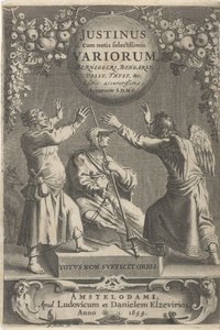 Minerva en twee geketende figuren Název: A. Thysius, Justinus cum notis selectissimis variorum Berneggerj, Bongarsy, Vossy, Thysy atd., 1659