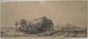 "Krajina s chalupou a hájem", Rembrandt, 1641, lept a suchá jehla, Honolulu Museum of Art