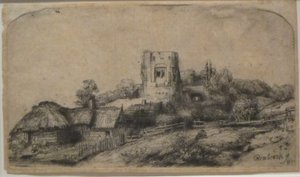 Krajina s hranatou věží od Rembrandt