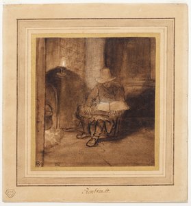 Interiér s mužem sedícím u ohně a čtoucím při světle lampy (recto) od Rembrandt Harmensz. van Rijn (circle of)