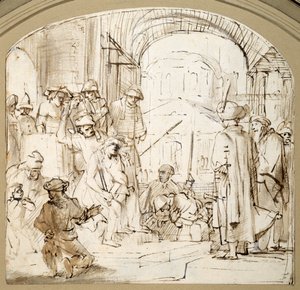 Posmívaný Kristus (pero a inkoust s praním na papíře) od Rembrandt Harmensz. van Rijn (school of)