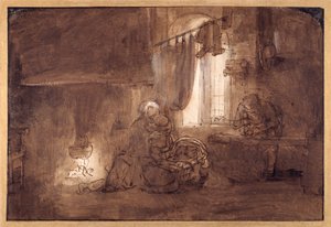 Svatá rodina v tesařské dílně (pero a inkoust s praním na papíře) od Rembrandt Harmensz. van Rijn (school of)