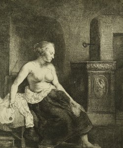 Žena sedící napůl oblečená vedle sporáku, 1658 od Rembrandt van Rijn