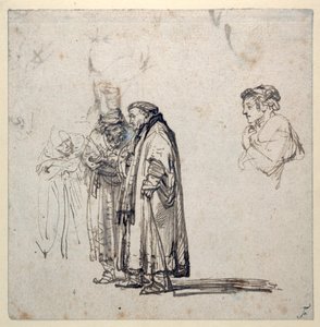 Skupina starších učenců a zvlášť profil mladšího muže (pero a hnědý inkoust s praním a kvašem na papíře) od Rembrandt Harmensz. van Rijn
