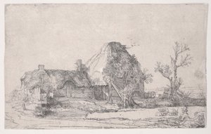 Chaty a hospodářské budovy s skicováním muže, kolem 1645 (lept) od Rembrandt van Rijn