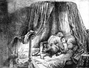 Milující se pár v posteli, rytina Rembrandta van Rijna (1606-1669) 1646