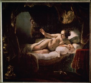 ""Danae"". Řecká mytologie: Zeus se představuje Danae v podobě spršky zlatých mincí, aby ji svedl. Obraz Harmenszoona van Rijna známý jako Rembrandt (1606-1669)