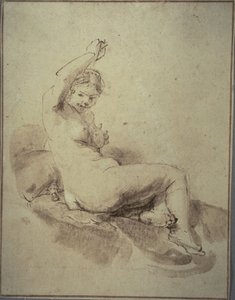 Female Nude Ležící se zdviženou paží, cca 1665 (pero a hnědý inkoust a štětec a hnědé mytí, na světle hnědém papíru)