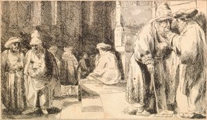 ""Juifs a la synagoga"" (Židé v synagoze) Rytina Rembrandta van Rhijna (1606-1669) - 1648 Rozměr 7,6 x 13 cm Židovské muzeum, New York od Rembrandt van Rijn