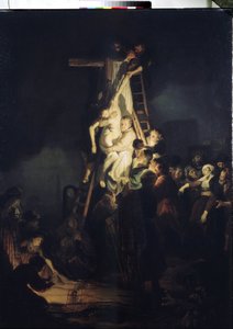 Sestup z kříže (depozice). Sestup z kříže. Mezi postavami obklopujícími tělo Ježíše Krista: Panna Maria, svatý Nikodém a svatý Josef z Arimatie. Obraz Harmenszoona van Rijna známý jako Rembrandt (1606-1669)