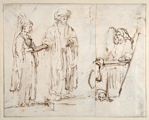 Laban přivádí Leu k Jákobovi, s Jacobem překrytým fragmentem jiné kresby; anděl se psem ležícím u jeho nohou od Rembrandt Harmensz. van Rijn