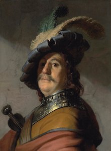Portrét muže s náprsníkem a opeřeným baretem - obraz Rembrandta van Rijna (1606-1669)