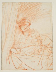 Saskia sedí v posteli a drží dítě, circa 1635 od Rembrandt van Rijn