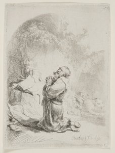 Svatý Jeroným se modlí: Obloukový tisk od Rembrandt van Rijn