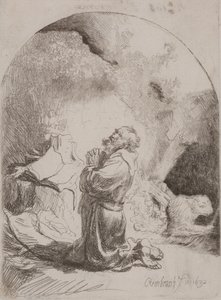 Svatý Jeroným se modlí: Obloukový tisk od Rembrandt van Rijn
