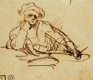 Studie spisovatele, sedícího, pozastavující se v myšlenkách, od Rembrandt van Rijn