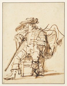 Studie sedícího herce v opeřeném klobouku - Capitano z Commedia dell"Arte, recto, 1636-c.1638 od Rembrandt van Rijn