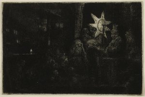 The Star of the Kings: A Night Piece, cca 1651 (lept, suchá jehla a rytina na slonovinově položený papír) od Rembrandt Harmensz. van Rijn