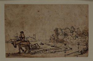 Pohled na Amstel, s koněm tahajícím člun, cca 1650 (pero a inkoust s hnědým praním na papíře)