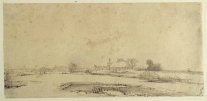Voda, louky a farma (pero a inkoust na papíře) od Rembrandt Harmensz. van Rijn