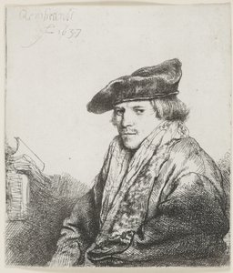 Mladý muž v sametové čepici s knihami vedle sebe od Rembrandt van Rijn