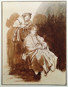 Mladá žena na její toaletě. Vlasy staré panny. (Kresba tuší, cca 1635) od Rembrandt van Rijn