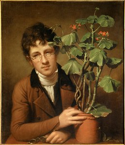 Portrét malíře Rubense Peale (1784-1864) u pelargónie Obraz Rembrandta Pealea (1778-1860) (amer.) 1801 Collection privee - Portrét malíře Rubense Pealea (1784-1864) s muškátem - Obraz od Rembrandt Peale (1778-1860), olej na
