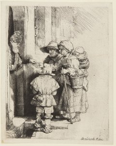 Slepý hráč na niněru a jeho rodina přijímající almužnu od Rembrandt van Rijn