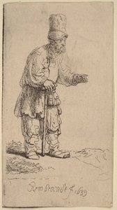 Rolník v čepici s vysokým kšiltem, stojící a opírající se o hůl od Rembrandt van Rijn